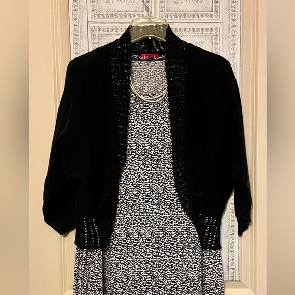 Elle Sz-M Black Cardigan/Shrug- Open Knit Stitching Around Edge/Hem, 3/4 Sleeves - Picture 8 of 16